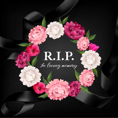 In loving memory composition with editable ornate text surrounded by funeral wreath on black ribbon background vector illustration