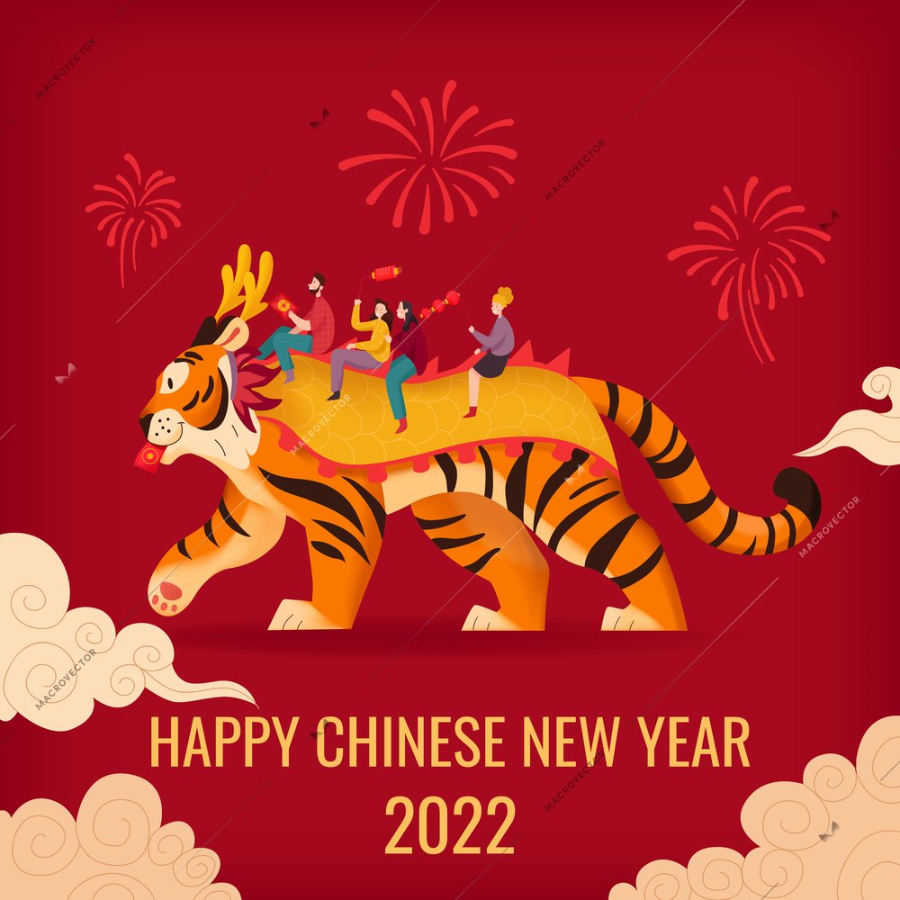 Tiger chinese zodiac composition with editable congratulating text images of clouds fireworks and people riding tiger vector illustration