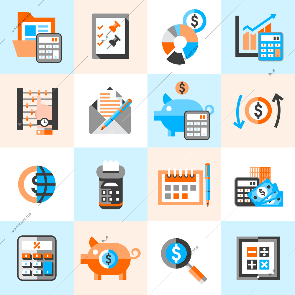 Accounting money finance banking budget investment icons set isolated vector illustration.