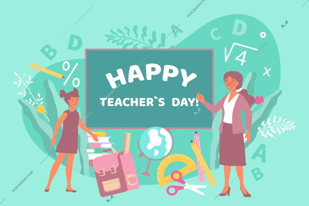 Teacher day card flat composition with text on blackboard and stationery goods with pupil and tutor vector illustration