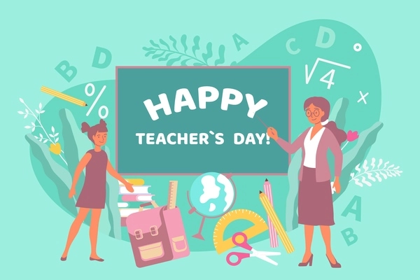 Teacher day card flat composition with text on blackboard and stationery goods with pupil and tutor vector illustration