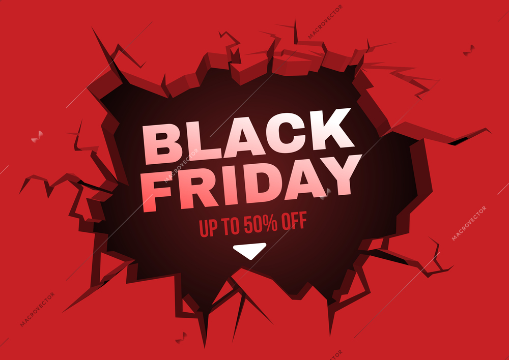 Black friday sale realistic advertising poster with big cracked hole on red background vector illustration