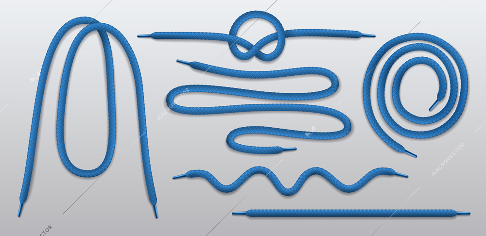 Blue shoelaces straight curly coiled wavy  loop lashing realistic set with simple knot grey background vector illustration