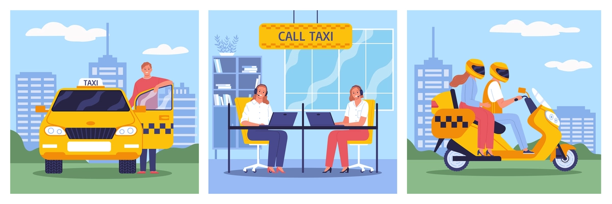 Taxi set of three square compositions with cityscape sceneries and yellow cab scooter with call centre vector illustration