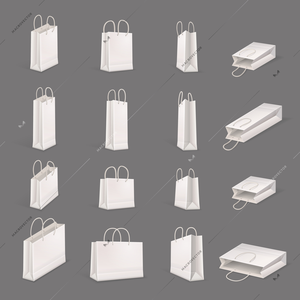 Shopping bag realistic icon set white bags in different sizes and angles on gray background vector illustration