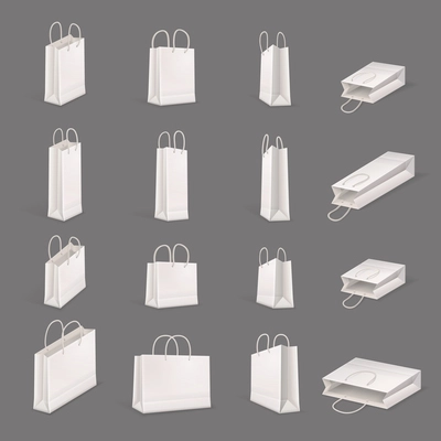 Shopping bag realistic icon set white bags in different sizes and angles on gray background vector illustration