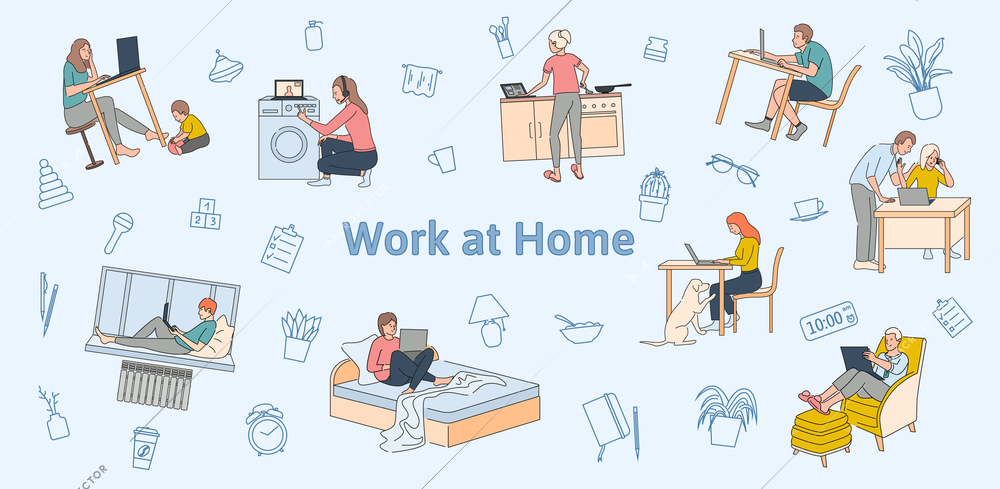 Work at home flat background illustrated difficulties of teleworking and multitasking problems vector illustration