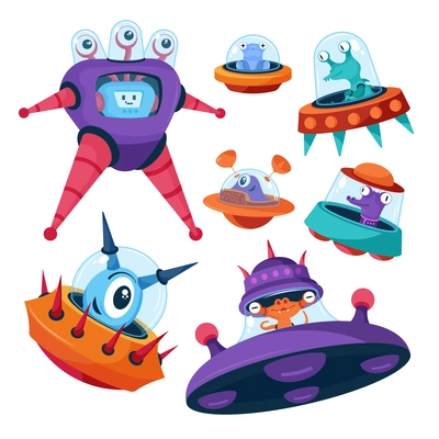 Funny aliens in spacesuits spaceships and open space colorful cartoon computer game characters set isolated vector illustration