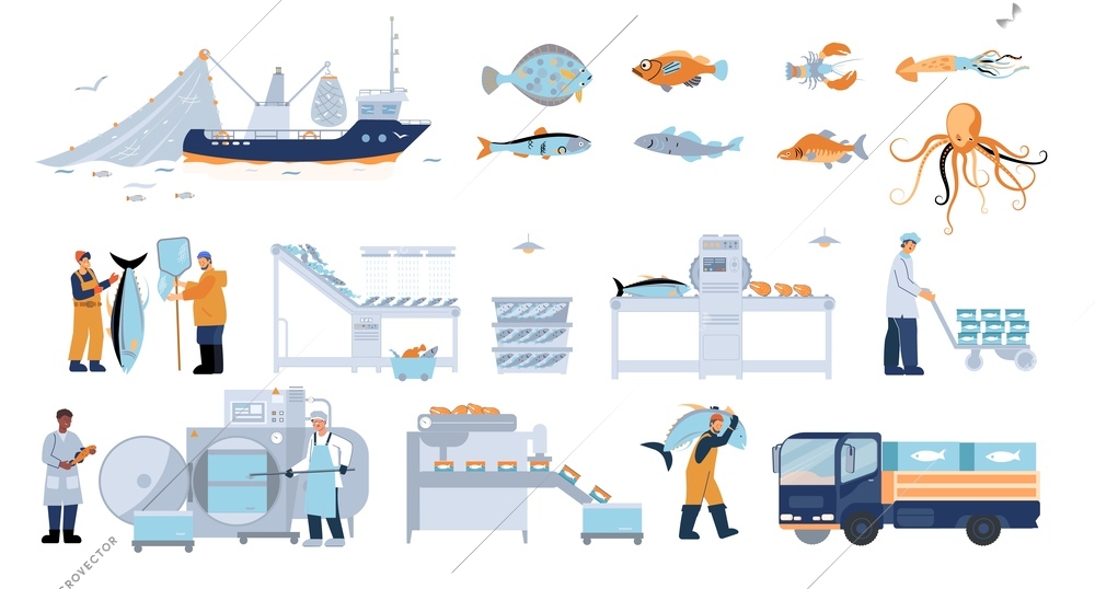 Fish industry flat icons set with seafood fishing vessel truck industrial equipment and human characters isolated vector illustration