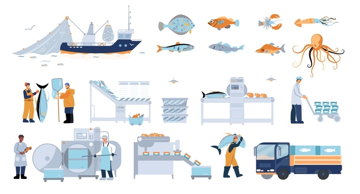 Fish industry flat icons set with seafood fishing vessel truck industrial equipment and human characters isolated vector illustration