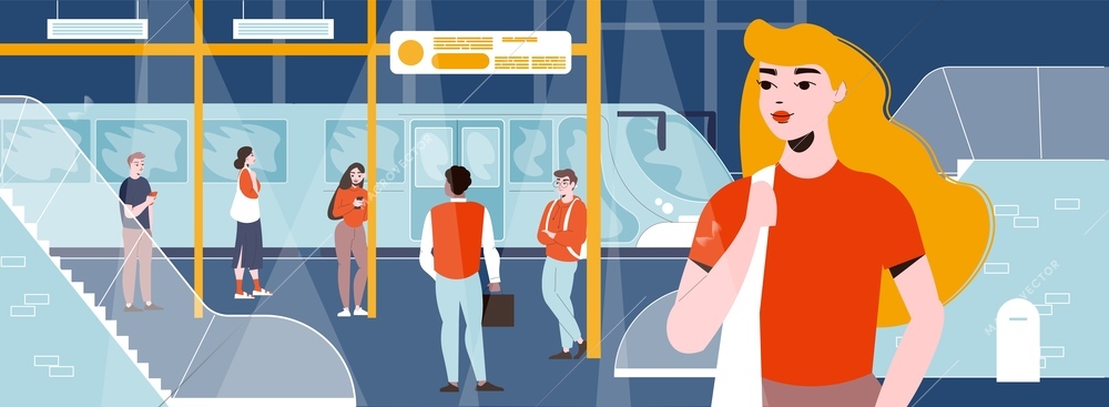 Subway station interior with young woman in foreground and people waiting for train flat vector illustration