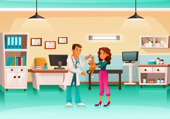 Veterinary clinic interior with veterinarian and cat owner holding pet for routine checkup procedure cartoon vector illustration