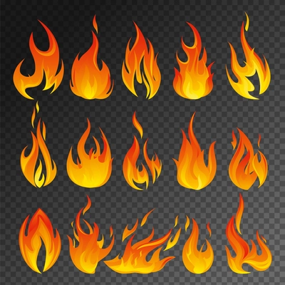 Fire flame transparent icon set different types of flames of different shapes and sizes on transparent background vector illustration