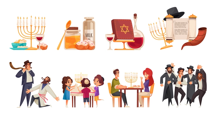 Cartoon compositions set with happy jewish people celebrating hanukkah various holiday symbols and items isolated vector illustration