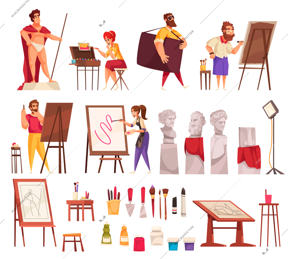 Cartoon set of male and female professional artists at work and various tools for art and painting isolated on white background vector illustration