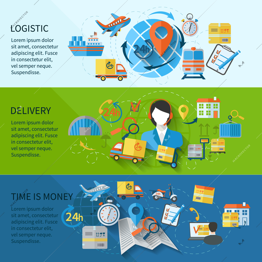 Logistic banner set with services time is money elements isolated vector illustration