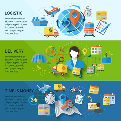 Logistic banner set with services time is money elements isolated vector illustration