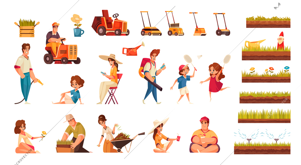 Cartoon set with lawn mowers people working in garden and resting outdoors isolated vector illustration