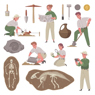 Archaeology cartoon set of isolated icons with skeletons ancient coins digging instruments and characters of archaeologists vector illustration