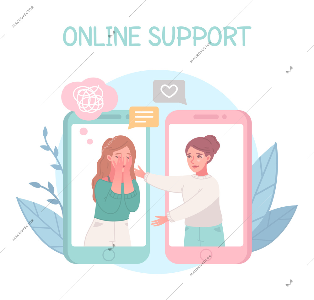 Empathy characters cartoon composition with text and images of smartphones with emotion bubbles and hugging girls vector illustration