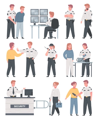 Security guard agency service cartoon set of isolated human characters with luggage inspection and cctv screens vector illustration