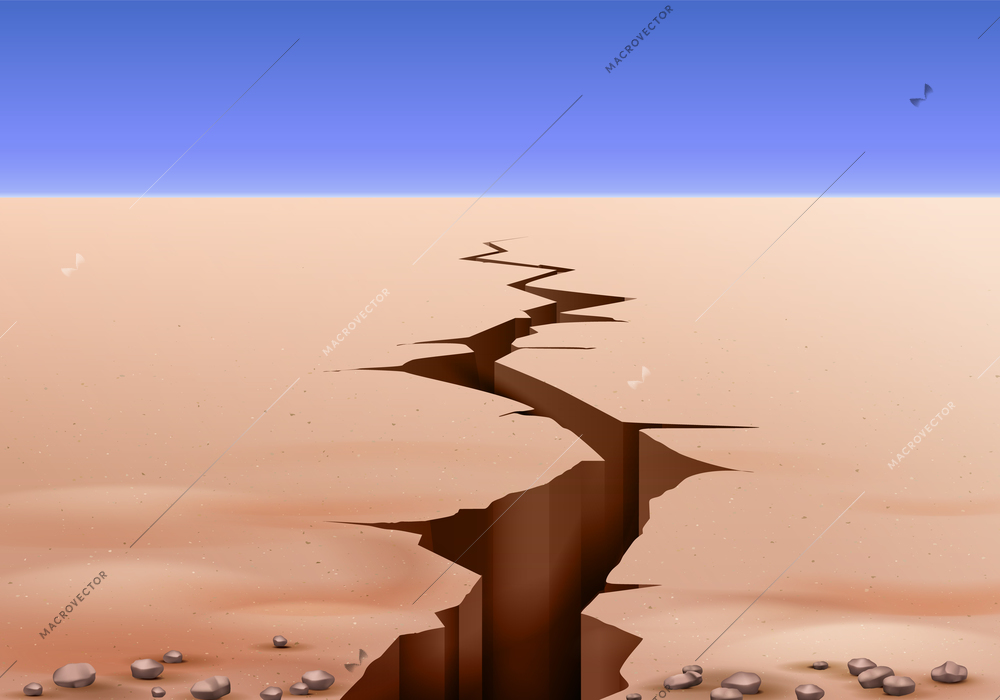 Desert landscape ground cracks realistic composition with outdoor scenery clear sky and view of earth rift vector illustration