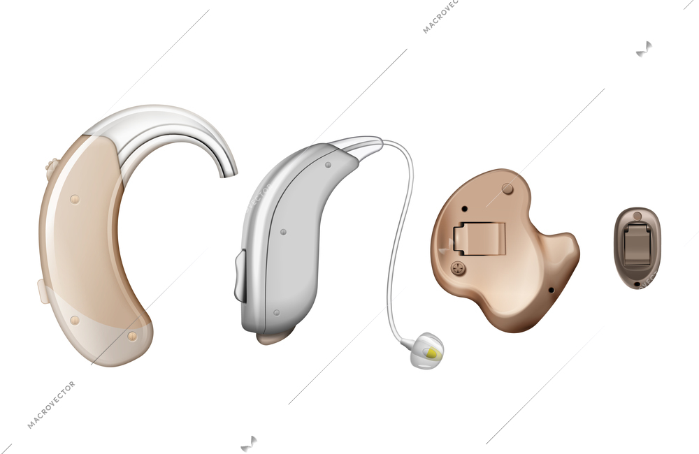 Hearing aids realistic set of isolated electronic ear hocks for acoustically challenged people on blank background vector illustration