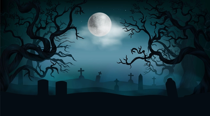 Halloween background with old cemetery gravestones spooky leafless trees full moon on night sky realistic vector illustration