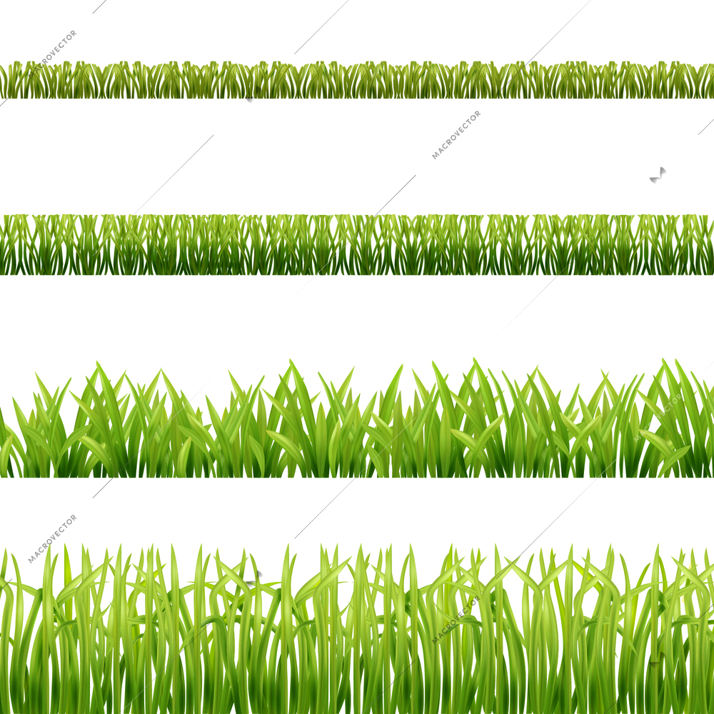 Green grass lawn seamless borders set in realistic style isolated on white background vector illustration