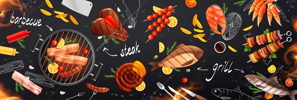 Bbq grill party flat background composition with top view of roasted food with chalkboard text captions vector illustration