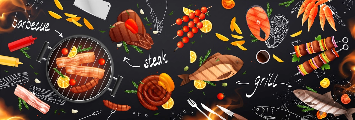 Bbq grill party flat background composition with top view of roasted food with chalkboard text captions vector illustration