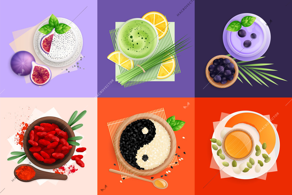 Set of six square superfood flat 2x3 compositions with views of served dishes with solid backgrounds vector illustration