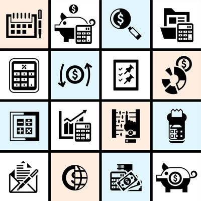 Accounting money finance banking budget investment auction black icons set isolated vector illustration.