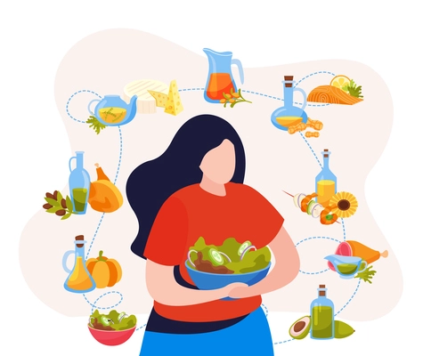 Food oils flat composition with female character holding bowl of salad with dishes made with oil vector illustration