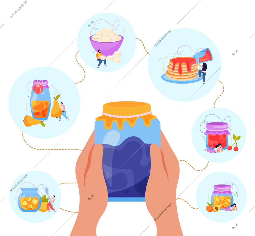 Jam production flat background with hands holding can surrounded by round compositions of jars and meals vector illustration