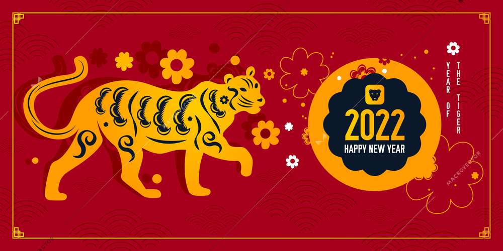 Chinese tiger 2022 zodiac horizontal poster with red and gold colors and happy new year description vector illustration