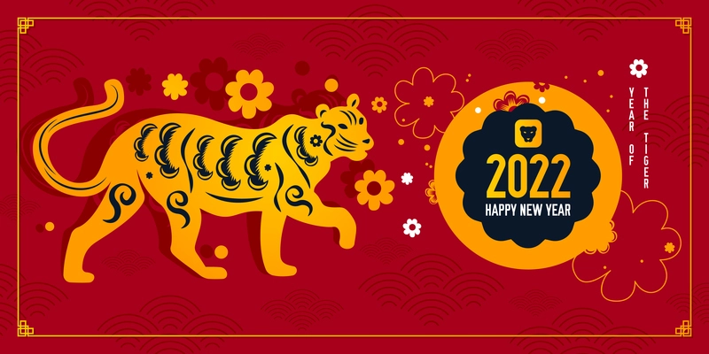 Chinese tiger 2022 zodiac horizontal poster with red and gold colors and happy new year description vector illustration