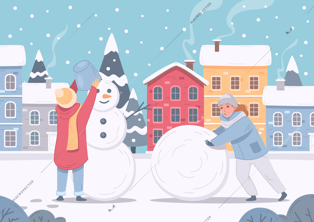 Winter sports leisure activity cartoon composition with view of town houses range and children making snowman vector illustration