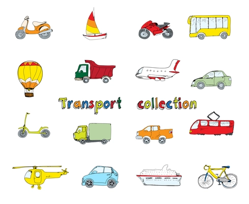 Transport doodle colored decorative icons set with motorcycle yacht bike bus isolated vector illustration