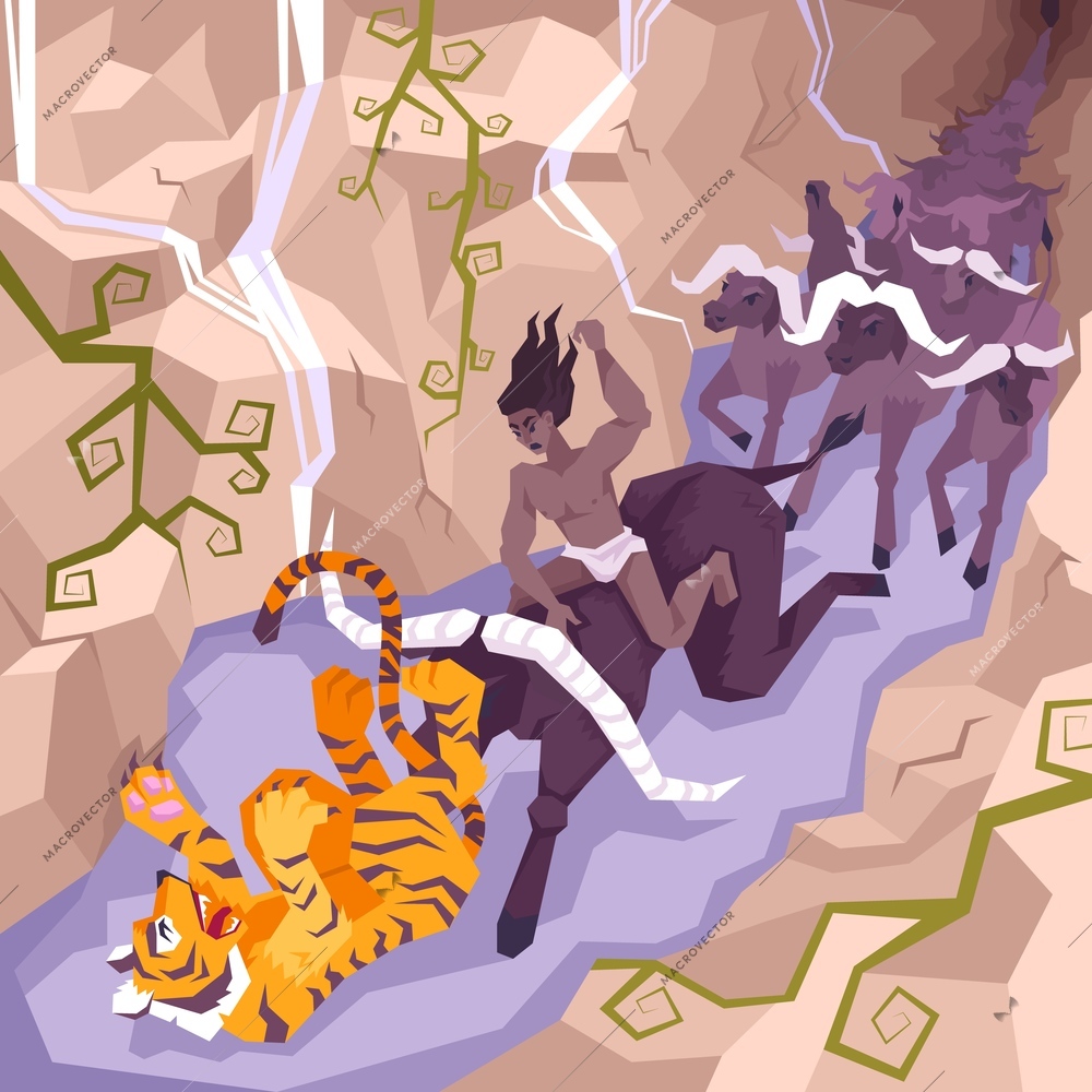 Mowgli coloring page flat composition with Mowgli sitting on a bull attacks a tiger vector illustration