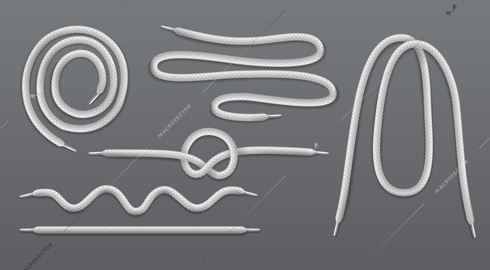 White shoelaces straight curly coiled wavy  loop lashing realistic set with overhand knot grey background vector illustration