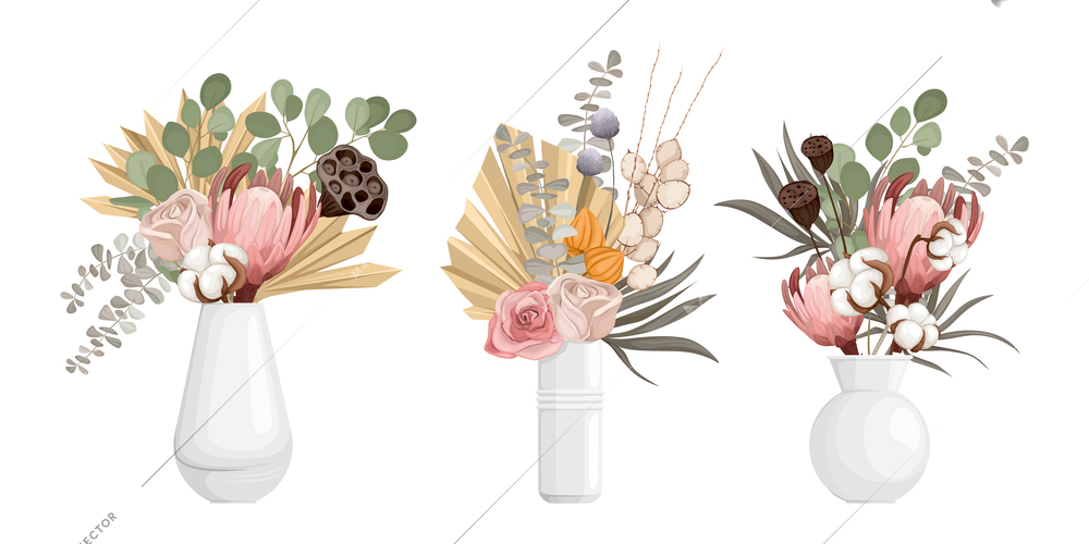 Boho dried vase set of four vases with flowers bunch with isolated plants and clean surface vector illustration