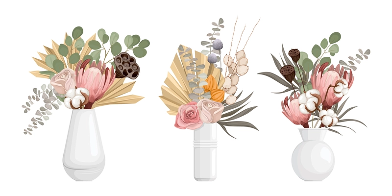 Boho dried vase set of four vases with flowers bunch with isolated plants and clean surface vector illustration