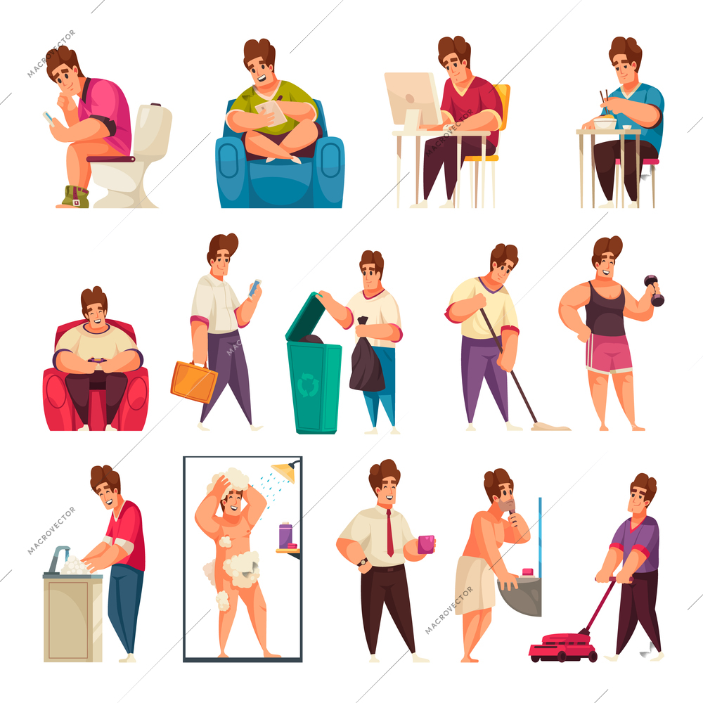 Daily man routine cartoon set of male characters in shower cabin in toilet at dinner table in armchair isolated vector illustration