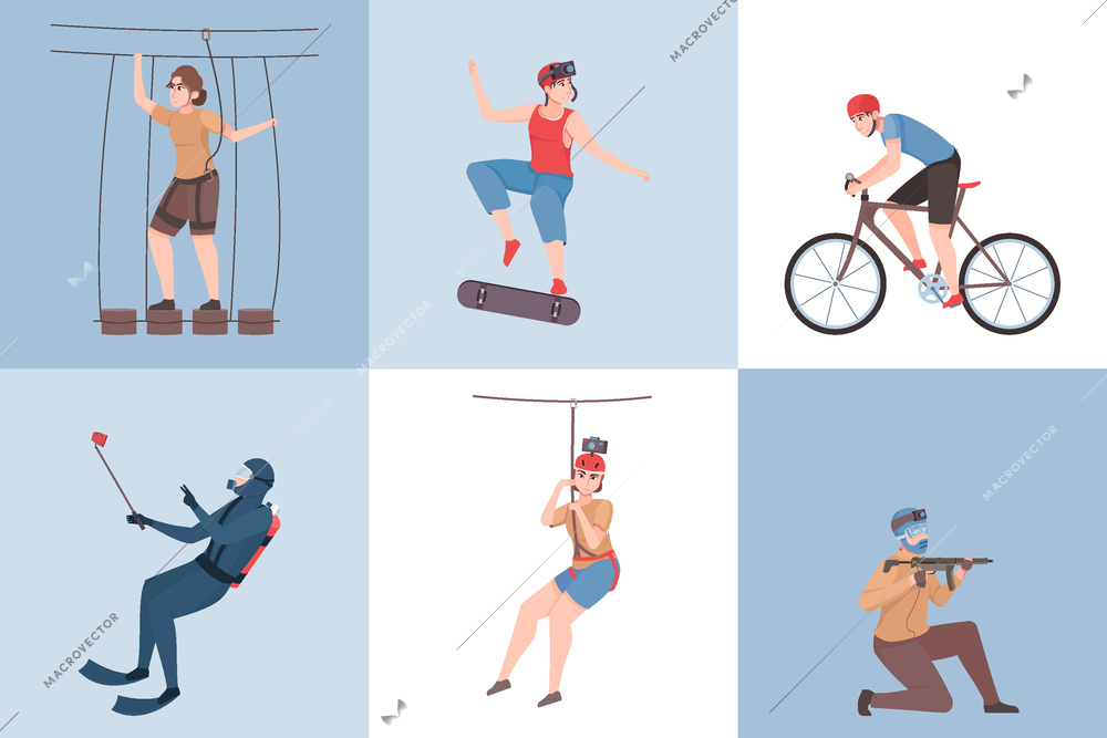 Extreme outdoor activities six square icons set including paintball diving skateboarding rope park flat vector illustration