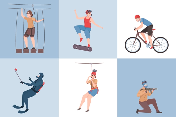 Extreme outdoor activities six square icons set including paintball diving skateboarding rope park flat vector illustration