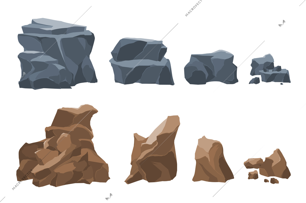 Grey and brown rocks fragments mountain elements stones 2 realistic horizontal sets white background isolated vector illustration
