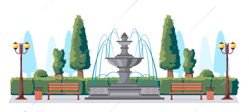 Park horizontal composition with front view of city park with fountain benches trees and lamp posts vector illustration