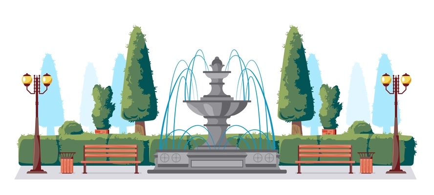 Park horizontal composition with front view of city park with fountain benches trees and lamp posts vector illustration