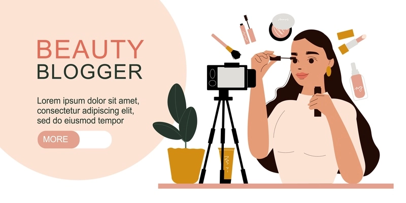 Flat horizontal banner with editable text and female beauty blogger recording makeup tutorial on camera putting on mascara vector illustration